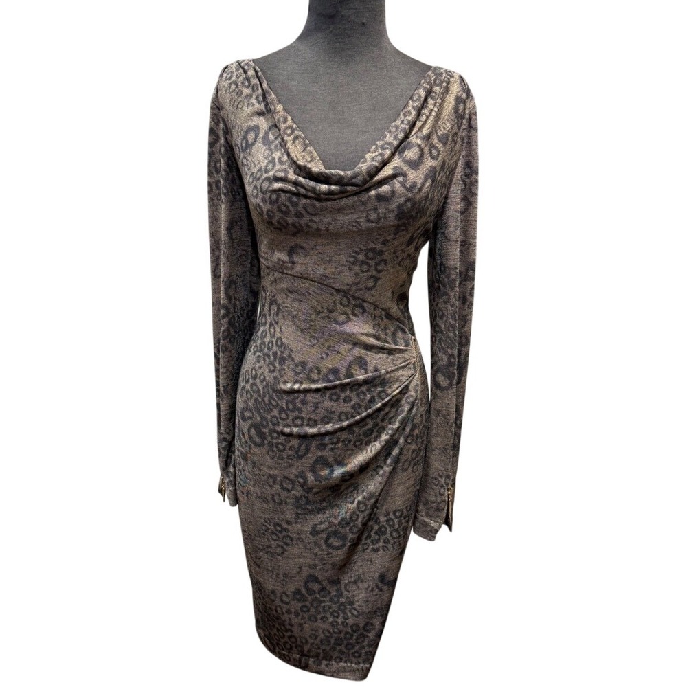 Cache Womens Metallic Leopard Print Cowl Neck Ruched Sheath Dress‎ Gold Brown M